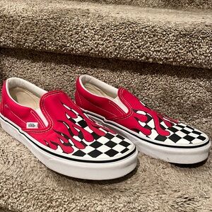 Vans classic slip on shoes checkerboard with red drip paint